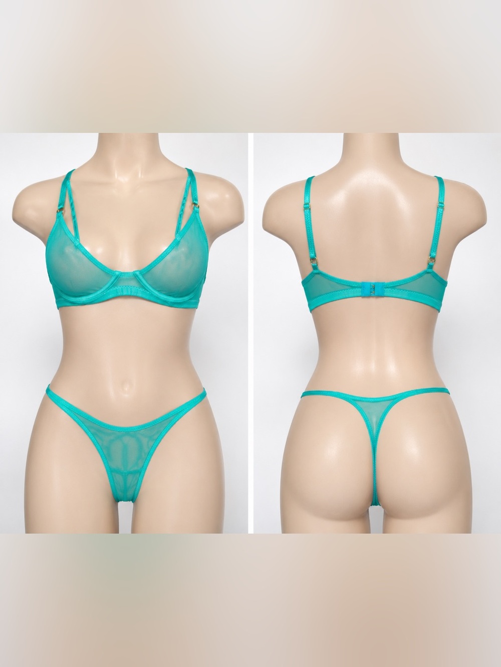 Sheer Mesh Underwire Bra & Thong Set - Teal